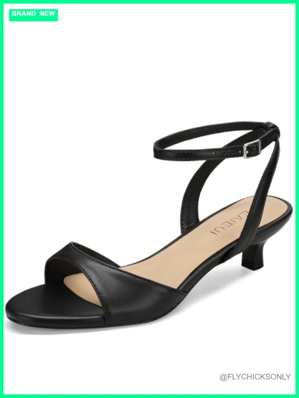 Kitten Heel Strappy Sandals Round Open Toe Faux Leather Low Heel Ankle Strap